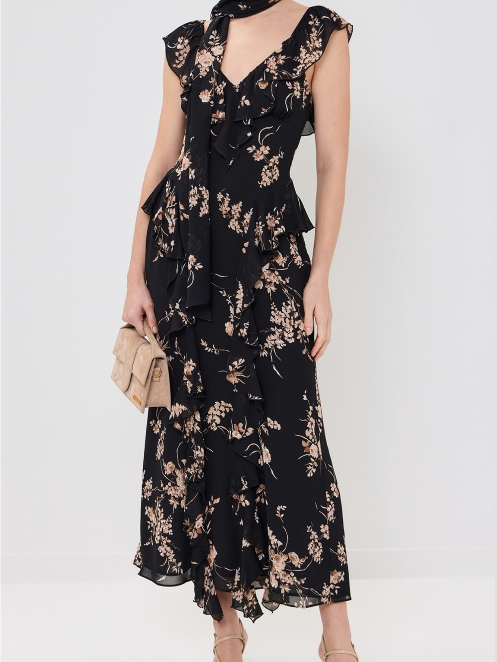 Reformation Black Floral Ruffle Maxi Dress with Cream Blossoms